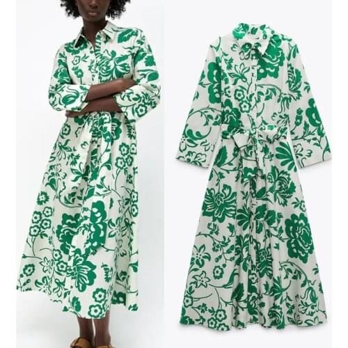 Za Green Print Poplin Woman Midi Dress 2021 Summer Lapel Long Sleeve Fashion Dresses Elegant Tie Belt Button Pleated Dress Women