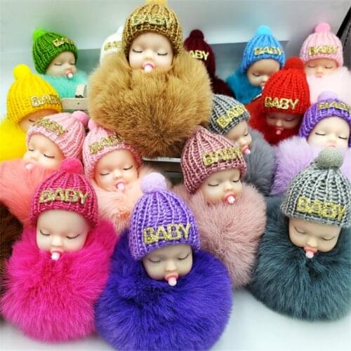 10pcs/Lot Fake Rabbit Fur Ball Sleeping Doll Keychain Pompom Car Keyring Baby Key Chain Women Key Holder Bag Pendant Jewelry