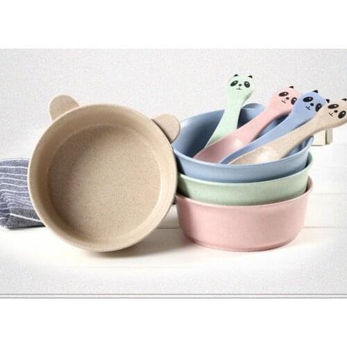 50set 2pcs/set Food Tableware Wheat Cartoon Cute Ears Kids Dishes Baby Eating Dinnerware Set Anti-hot Training Bowl+Spoon