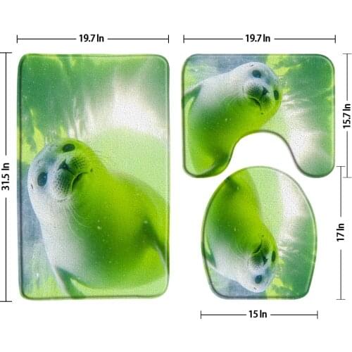Sea Lion Bath Mats Bathroom Rug 3-Piece Set Seabed Animal Fish Printing Non-Slip Flannel U-Shaped Pad Toilet Bath Decor Sets