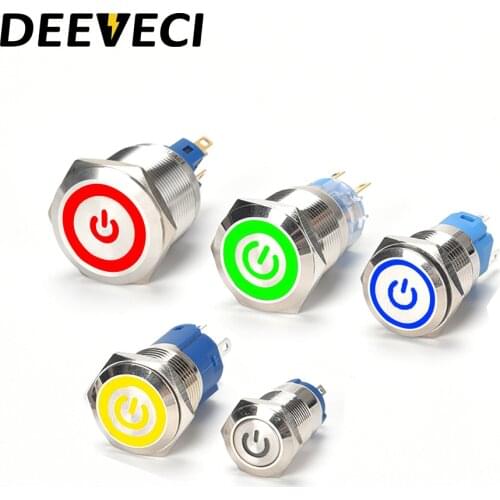 12mm 16mm 19mm 22mm 25mm red blue 12v 220v Metal Waterproof Latching Momentary Push Button Switch With Power symbol