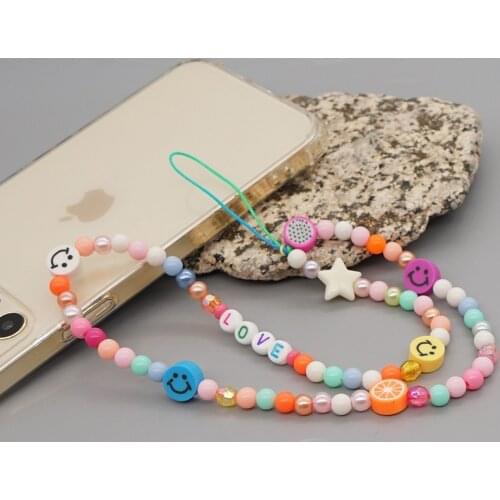 New Mobile Phone Strap Lanyard Colorful Smile Pearl Soft Pottery Rope For Women Cell Phone Case Hanging Cord Beads Chain