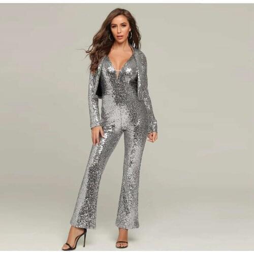 2019 New Arrival Sliver Two 2 Pieces Jumpsuit Sequin V Neck Long Sleeve Fashion Celebrity Verano Women Party Luxury Wholesale