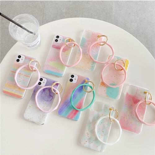 Epoxy Glitter Sequins Case for iPhone 12 Mini 11 Pro XS Max XR 7 8 Plus Candy Color Big Circle Hand Ring Holder Bracelet Cover