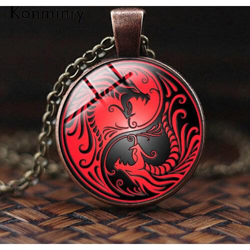 Retro Copper Yin Yang Dragon Necklaces Classic Chinese Culture Glass Dome Bronze Chains Necklaces Women Men Jewelry Konminry