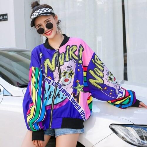 Tide brand womens cartoon printed stand collar baseball uniform loose foreign air jacket jacket female fashion street clothing