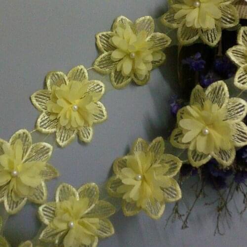 Soluble Yellow Chiffon Pearl Flower Embroidered Lace Trim Fabric Lace Ribbon Handmade DIY Sewing Craft For Costume Decoration