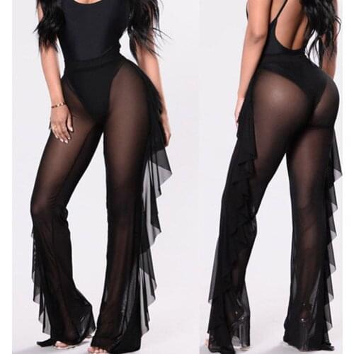 Women Long Pants See Through Sheer Mesh Loose Bottoms Beach Swimsuit Bikini Bottom Cover Up Elastic High Waist Wide Leg Pant