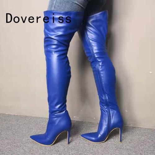 Dovereiss Fashion Womens Shoes Winter Pointed Toe sexy Zipper new Pure color blue Over the knee boots Stilettos heels 35-47