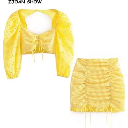 2019 New Yellow White Plaid Short T-shirt Crop Top Sexy Women Hollow Out Lace Hem Mini Short Skirt Half Sleeve Tops 2 Pieces Set