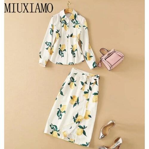 MIUXIMAO 2021 Spring Summer O-neck Long Sleeve Flower Print lemon Top + Mini Skirt Suit Women 2 Peice Sets Vestidos