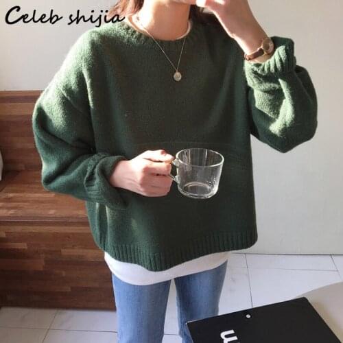 SHIJIA New Fall Sweaters for Women Loose O Neck Vintage Green Knitted Tops Korean Chic Long Sleeve Jumper Autumn Winter