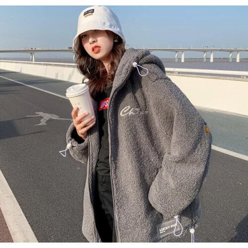 Womens Wool Lamb Coat Cute Bear Stand Collar Loose Thickened Warm Zipper Cardigan 2021 Winter New Solid Color Sweater Girl