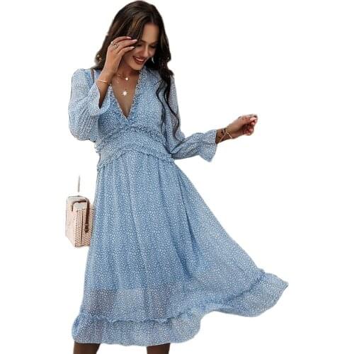 Women Chiffon Dress 2021 Sexy Spring Elegant Boho Black Women Clothing Deep V-Neck Outfits Wrist Sleeve Mid-Calf Dresses