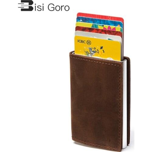 BISI GORO 2021 Box Slim Thin Smart New Card Case Clutch Pop-up Wallet Resl Leather RFID Card Holder Genuine Leather Aluminum