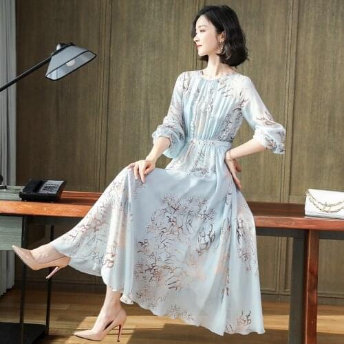 Baby Blue Floral Silk Crepe Dresses Women Fashion 2021 Summer Long Casual Sexy Office Work Daily Dress Plus Size High Quality