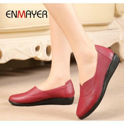 ENMAYER Soft Genuine Leather Ladies Shoes Basic Slip-On Round Toe Casual Spring/Autumn Fashion Sewing Women Shoes High Heel