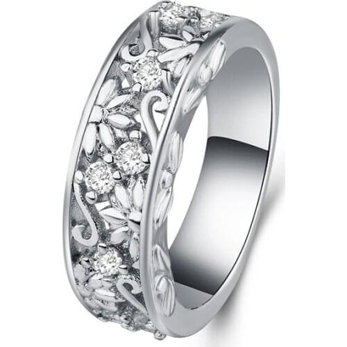 Hainon 2019 Fashion White Zircon Hollow Flower Rings for Women Elegant Rings Silver Color Christmas Jewelry Gifts For Women