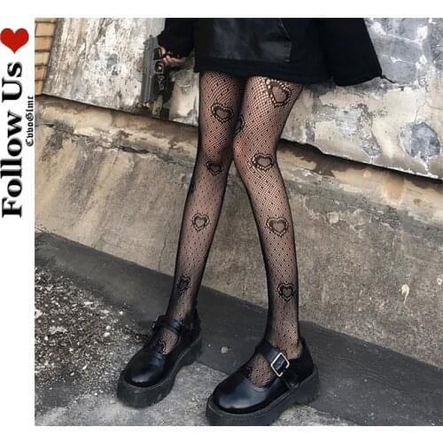 Harajuku Hollow Out Tights Woman Designer Gothic Dark Love Polka Dot Bottoming Pantyhose Sexy Kawaii Loli Mesh Stockings Female
