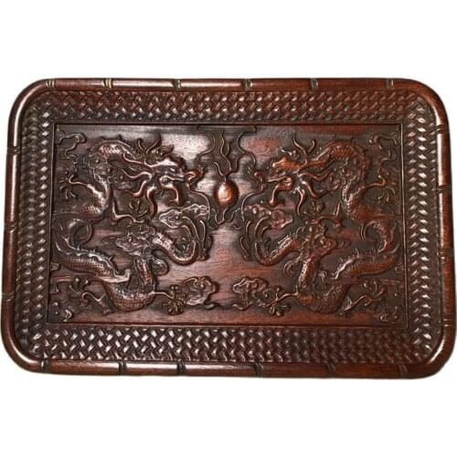 China Old Beijing Old Goods Redwood Carved Carvings 【Shuanglongxizhu】 Picture The Tea Tray Decorated Square Plate