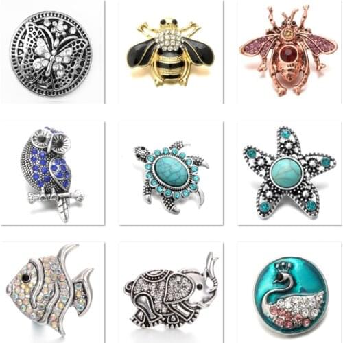 XH8043 Crystal 18mm Elephant owl bee Butterfly fish Turtle Metal Snap button fit snap jewelry DIY