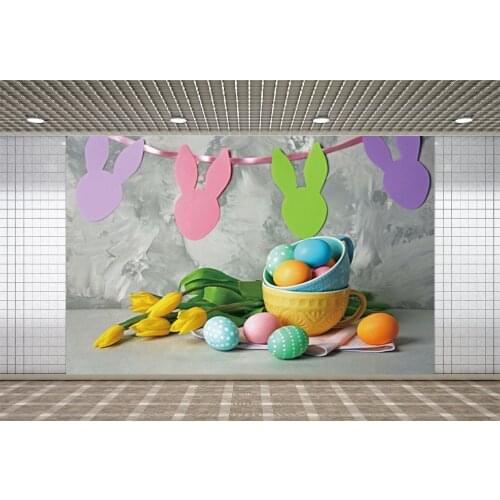 Lyavshi Cement Wall Colorful Easter Eggs Baby Toys Rabbit Tulips Party Boy Portrait Photography Background