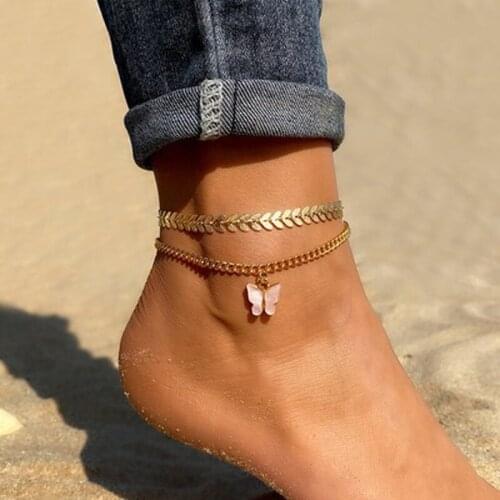Fashion Pink Butterfly Anklets Set For Women Cute Gold Letter Angel Chain Anklet Foot Ankle Bracelet Summer Beach Jewelry