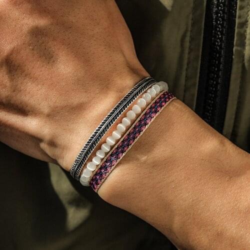 Fashion 925 Silver Plated Bracelet Set Punk White Cat Eye Round Beads Tibetan Buddha Handmade Lucky Knot Rope Bracelet