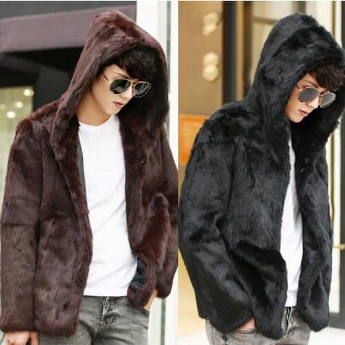 Winter hooded faux rabbit hair fur coats mens thicken warm overcoat mens leather jackets brown coats masculino chaqueta black