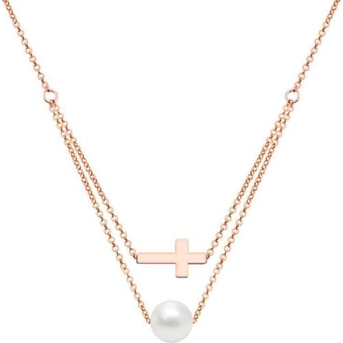 MxGxFam 316L Titanium steel 45cm Pearl and Cross Pendant Necklaces For Women Fashion Jewelry Gold / White / Rose Gold Color