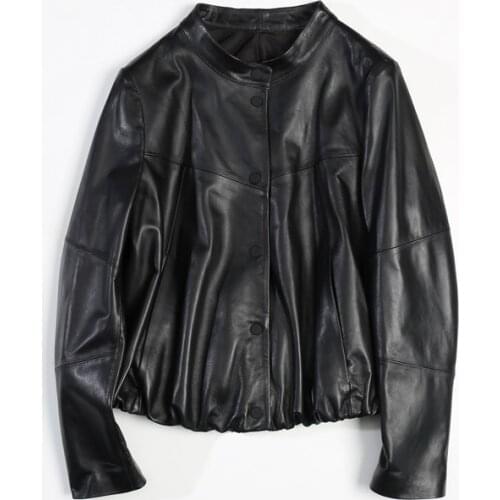 2021 New Leather Shirt Female Sheep Leather Standing Collar Korean Edition Baseball Jacket Short Style Coat Fashion Jacket Belt