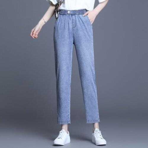 New Women Casual Elastic Waist Streetwear Jeans Loose Slouchy Ankle-Length Pants Ladies Denim Trousers Female Vintage Trousers