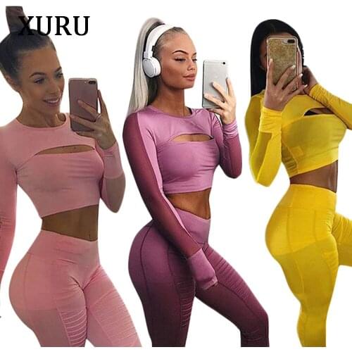 XURU new casual womens two-piece suit one-piece long-sleeved short coat and tights casual mesh gym clothes