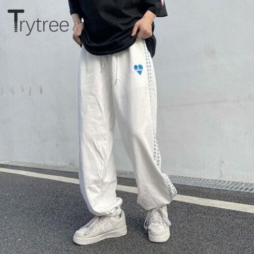 Trytree Autumn Womens Pants Casual Loose Wide Leg Pants Elastic Waist Embroidery Korean Fashion Harajuku Joggers Sweatpants