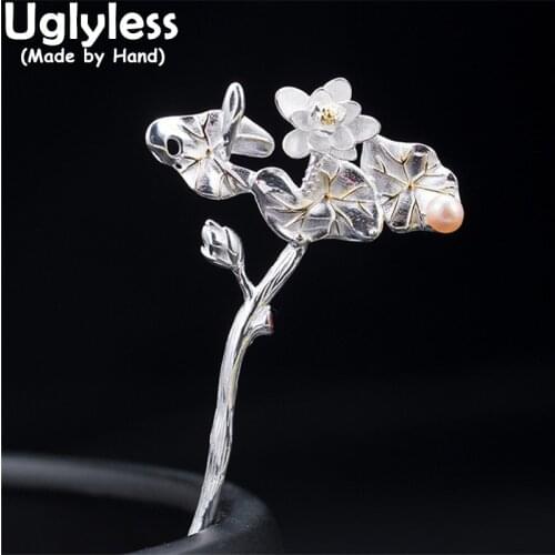 Uglyless Glossy Shinning Silver Lotus Leaf Hair Sticks Women Natural Pearls Lotus Flower Hair Jewelry 925 Silver Ethnic Bijoux