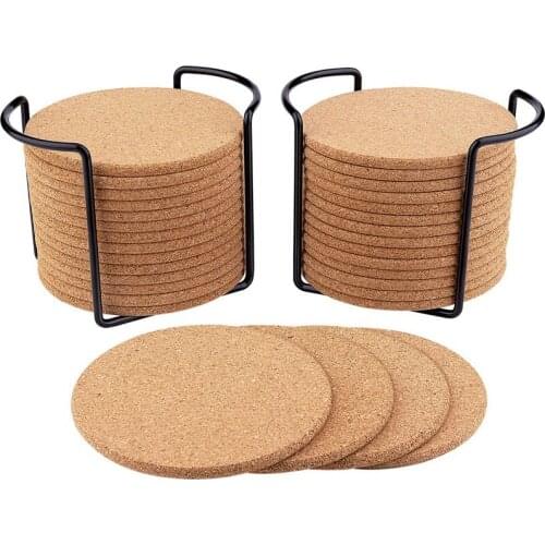 Cork Coasters for Drinks with Metal Holder Natural Cork Absorbent Coaster Set Round Edge for Cold Drinks Wine Glass Cup