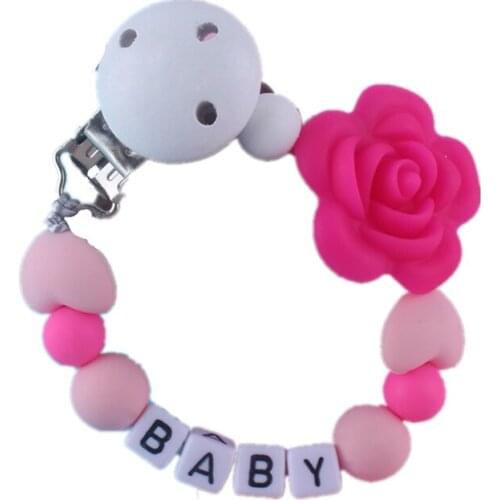 Silicone Rose Flower Personalised Name Baby Pacifier Clips Heart Beads Pacifier Chain Holder Baby Shower Gift