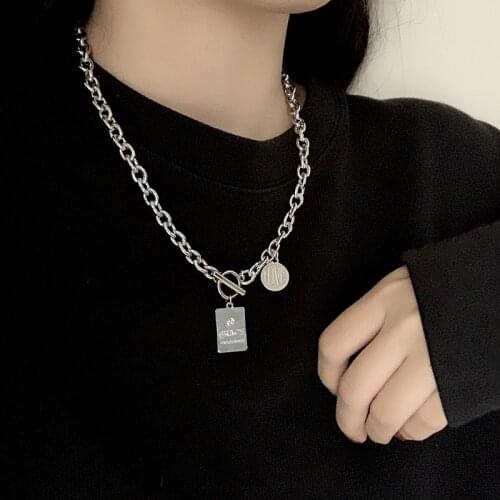 TIMRONLY Temperament Coin Square Letter Alloy Pendant Necklaces for Women Man Lady Chunky Hollow Link Chains Street Style Jewelr