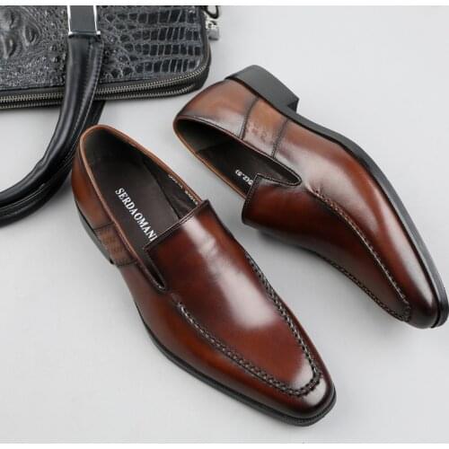 Flat Genuine Leather Business Mens Dress Shoe Fashion Elegant Formal Wedding Shoes Handmade Slip On Office Oxford Footwear 2021