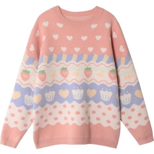 Pink Cartoon Strawberry Sweaters Embroidery Sweet Style Knitted Pullover Women 2021 Winter Thick Warm Jumper Full Sleeve Tops