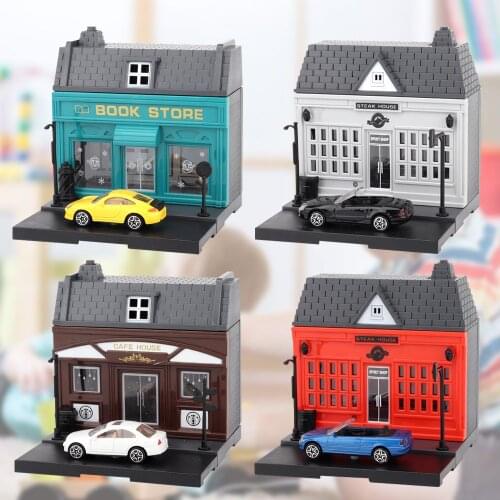 Funny DIY Mini City Street View Kit 1pcs House Model with Lights + 1pcs Alloy Die-Cast Vehicle for Children Kids Christmas Gifts