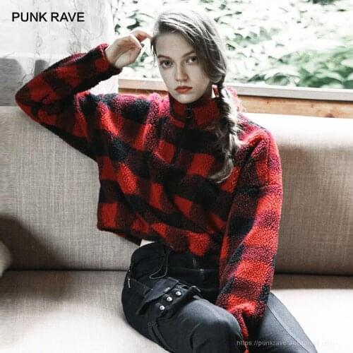 PUNK RAVE Girls Stand Collar Zipper Fly Plaid Suede Sweatshirt Casual Beauty Women Clothes 3 Colors