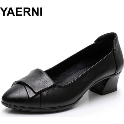 YAERNI 2019 Fashion Ladies Pointed Toe Women Pumps Mid Heel 4.5cm Shallow Comfort Professional Work Shoes Woman Square Heel