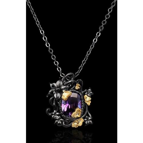 Retro Light Luxury 925 Silver Womens Necklace Amethyst Pendant Female Flower Temperament Jewelry Party Sweater Chain