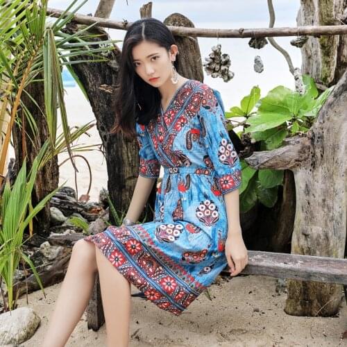 2020 Retro Summer Ethnic Style Boho Dress Women Floral Vintage Dress Elegant Beach Long Dresses Print Vestido Mujer Ladies Dress