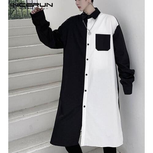 2021 Fashion Men Shirt Lapel Long Sleeve Loose Patchwork Long Style Tops Camisas Streetwear Korean Casual Men Clothing INCERUN