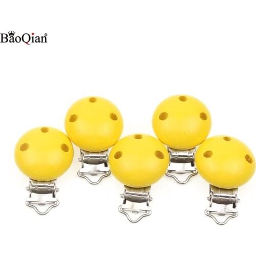 5pcs Yellow Baby Garment Clip Metal Wood Baby Clip Holders Round Shape Pacifier Clasps Suspender Garment Accessories 29*45mm