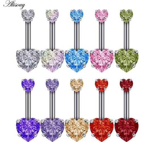 Alisouy 1 PCS New Hot Steel Navel Belly Button Ring with love heart Rhinestone Bar Heart Belly Piercing women Body Jewelry