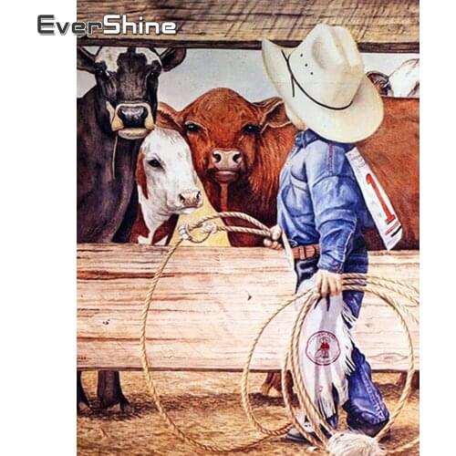 EverShine Diamond Mosaic Boy Picture Rhinestones Diamond Painting Animal Bead Embroidery Full Drill Cow Children Room Decor