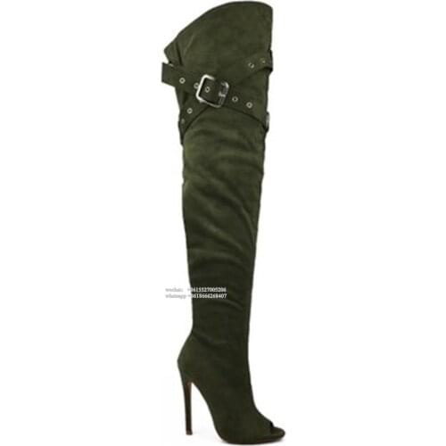 Top Quality Army Green Black Peep Toe Thigh High Boot Women Winter Boots Buckle Straps Long Gladiator Booty Thin High Heel Shoes
